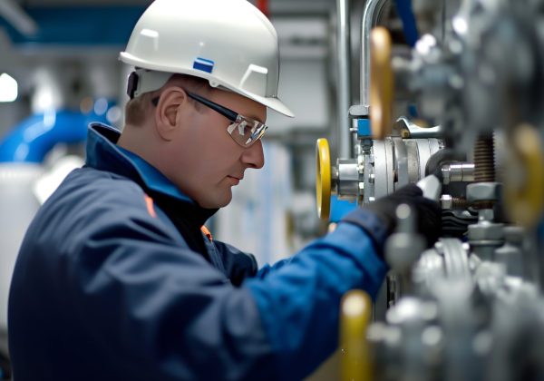 An industrial engineer in a white helmet and safety glasses is adjusting equipment in a plant with precision, wearing a blue work uniform with reflective stripes